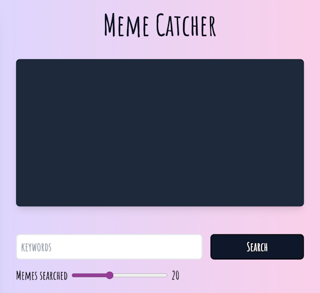 Front page of memecatcher website, a display of memes and a search bar
